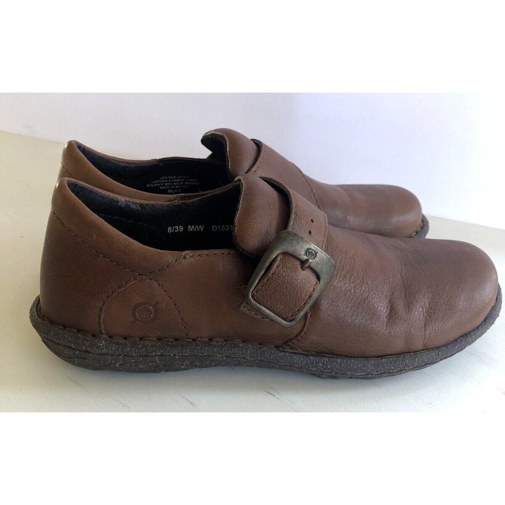 Born Brown Leather Flat Buckle Slip On D135316 Shoes Comfy Workwear US8 EU39